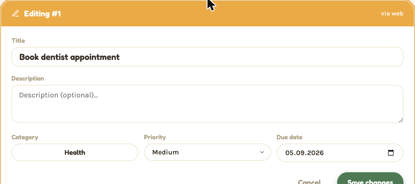 Docket inline edit form, showing title, description, category, priority and due date fields
